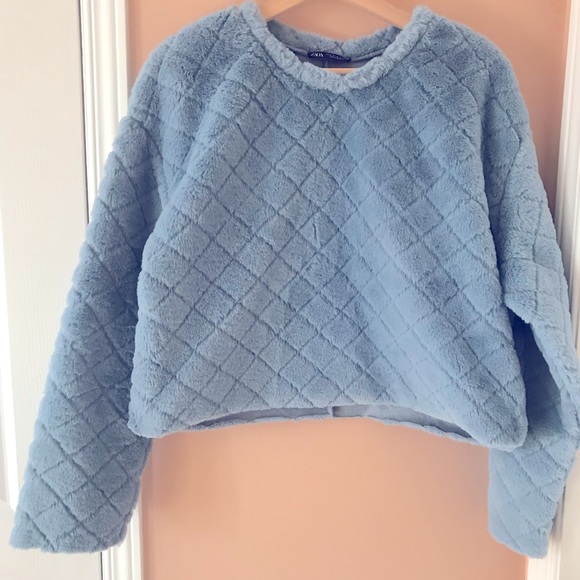 Beautiful bright sky color embroidered faux fur top- So warm but not too bulky. - Picture 2 of 5